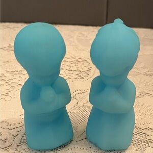 Fenton Blue Satin Glass Praying Figurines. Boy and Girl. Pair.
